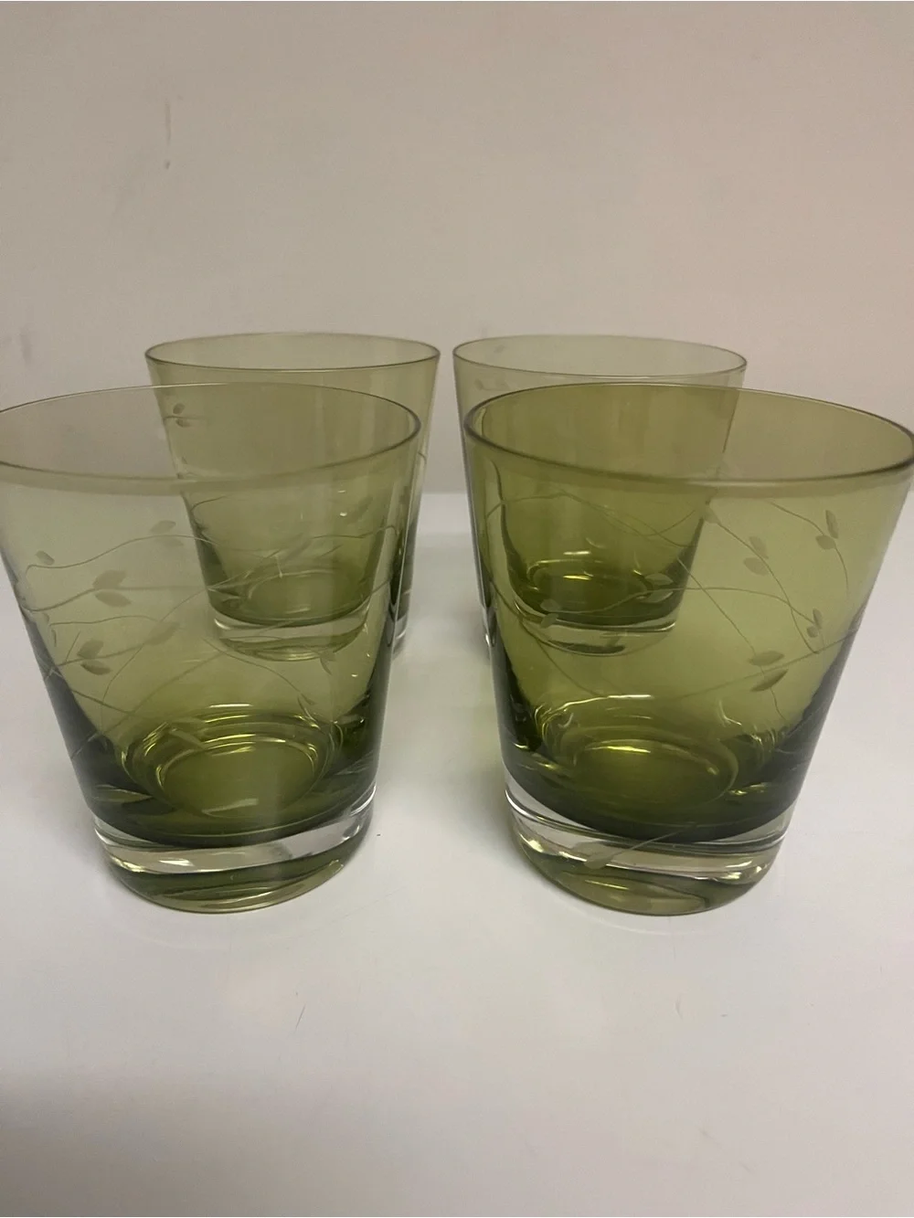 Set of 4 Vintage Olive Green‎ Etched Leaf Rocks Glasses Tumblers Mid Century